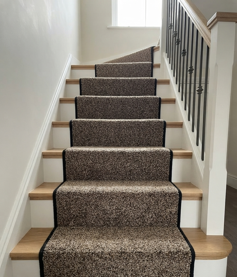 3 Tones Brown Carpet Stair Runner – 59cm Wide – Black Overlocked – Set of 2