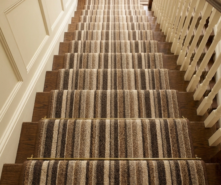 Beige Berber Stripe Carpet Stair Runner Set - 58cm x 12 stairs