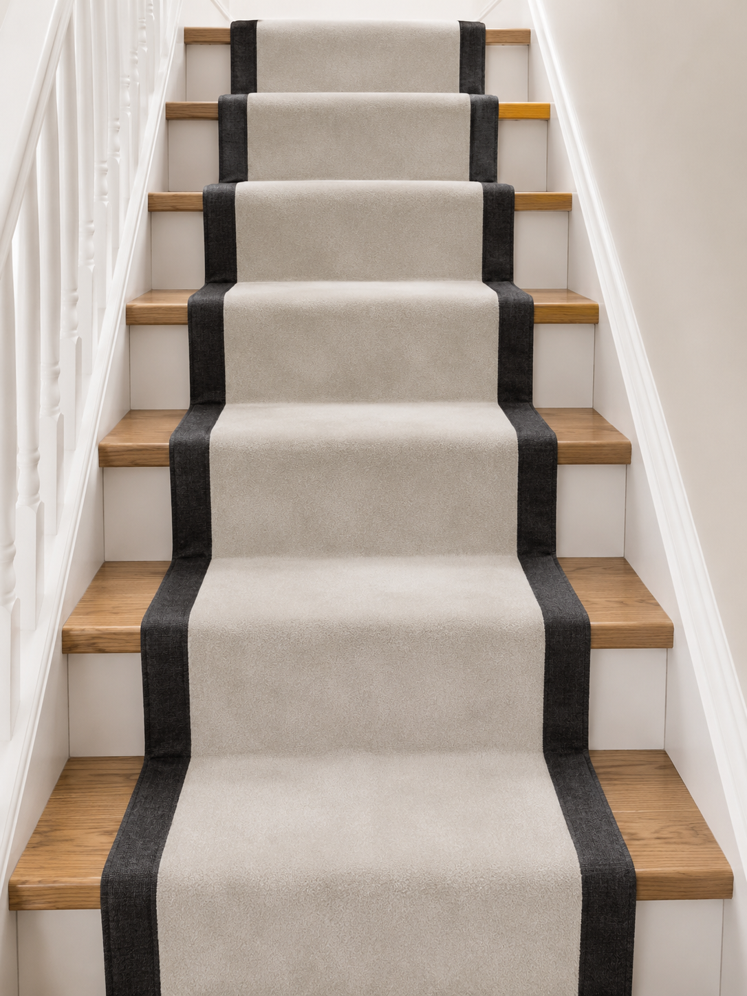 Beige Stair Runners Set With Black Chenille Tape - 63cm x 14 Stairs