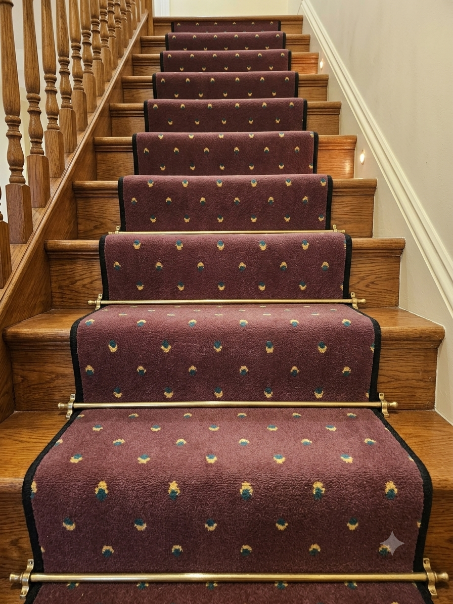 Burgundy Wool Pattern Carpet Stair Runner Set - Black Overlocked Edge -61cm x 16 stairs