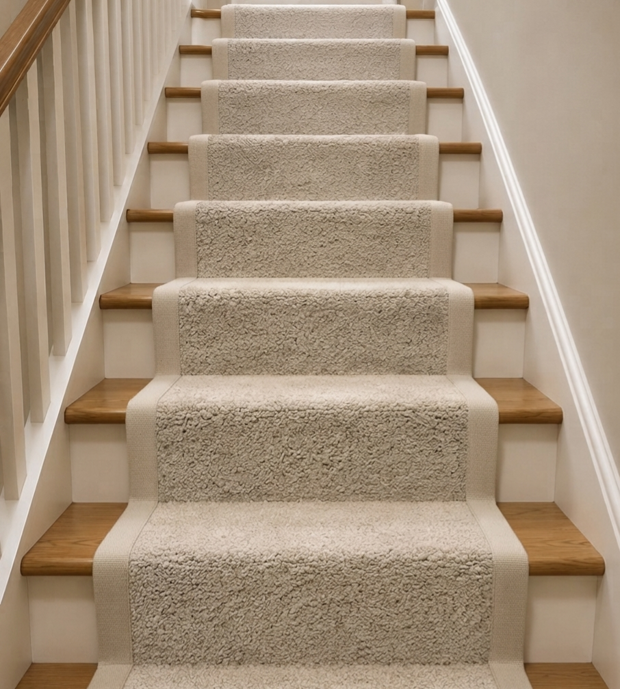 Beige Saxony Stair Runner Set Tape Binding – 65cm x 14 Stairs