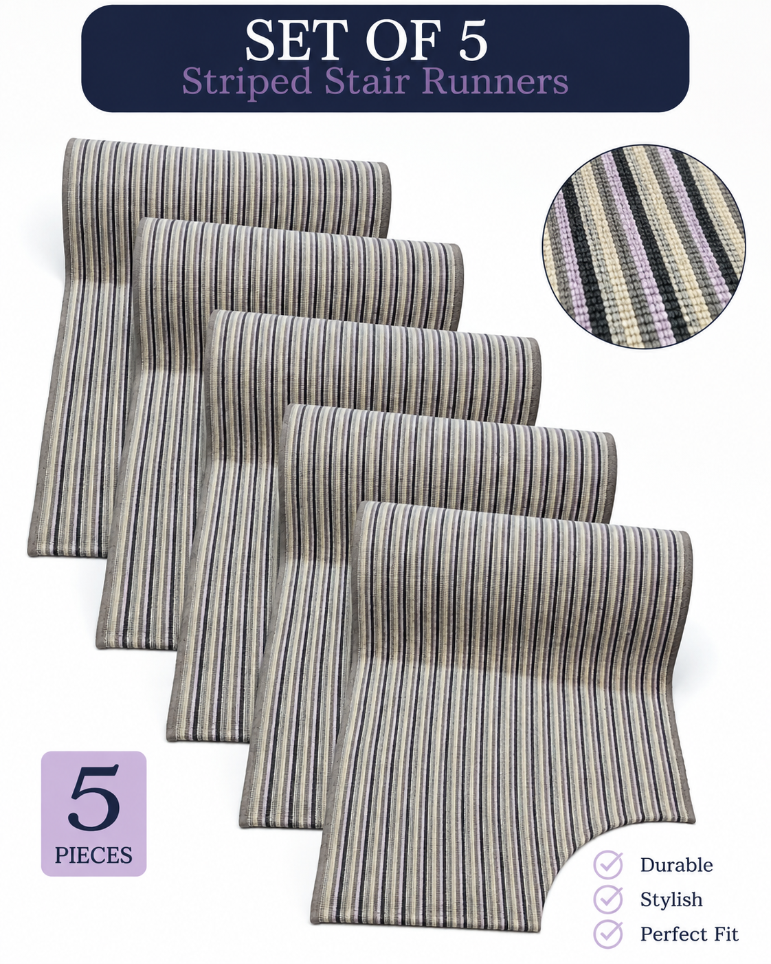 "Sophia" Deco Stripe Wool Stair Runner Set - 75cm x 14 stairs