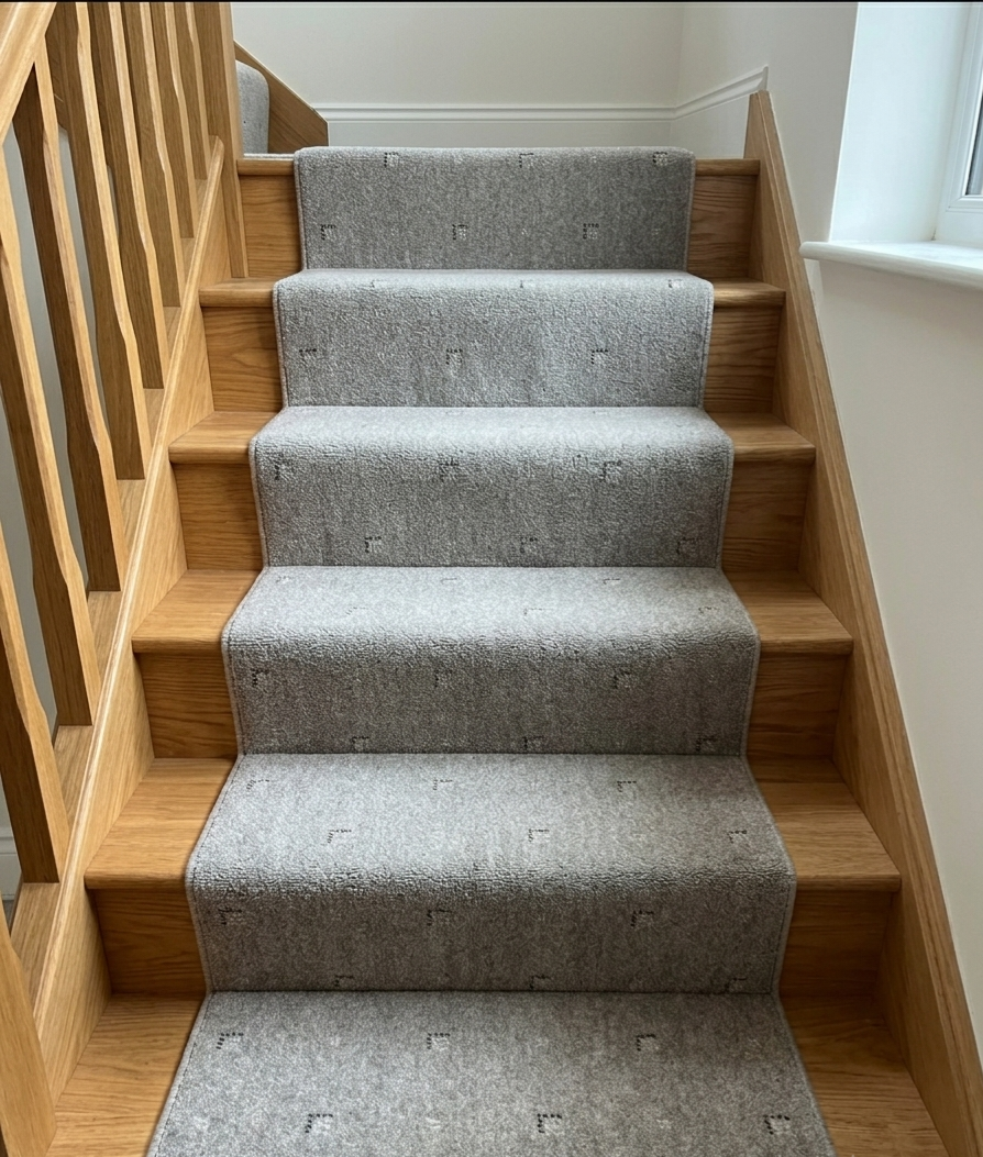 Grey Beige Wool Carpet Stair Runner Set - 75cm x 12 stairs