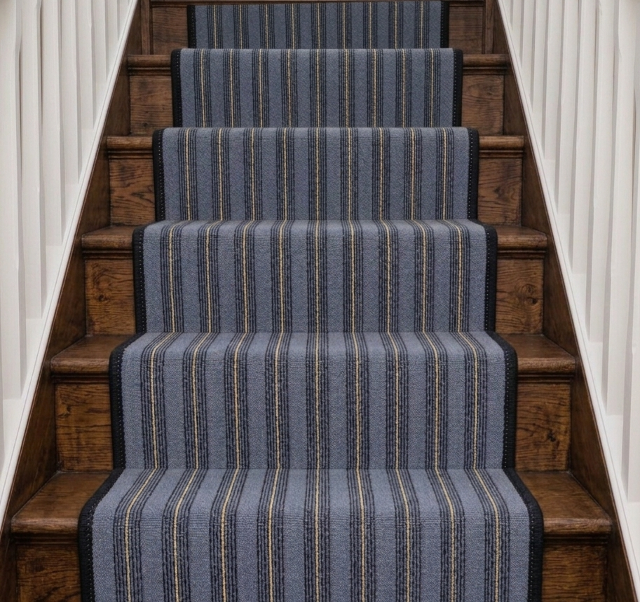 Blue and Yellow Stripe Pattern Wool Carpet Stair Runner - 75cm x 13 stairs